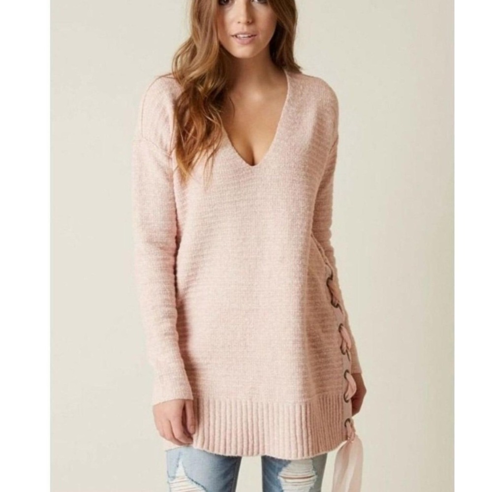 Free People Side Oversized S Tunic heaet it lace it Sweater Pink Cotton Blend